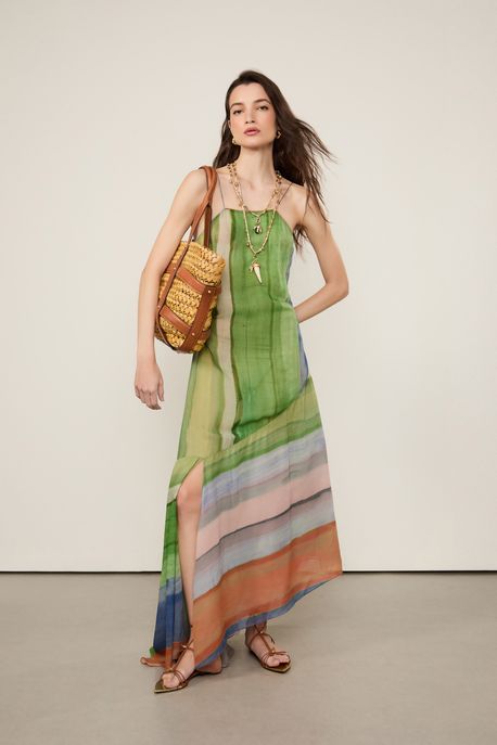 Vestido De Georgette Pesado Midi Estampado Decote Reto Est Listra Foz Color p - 34