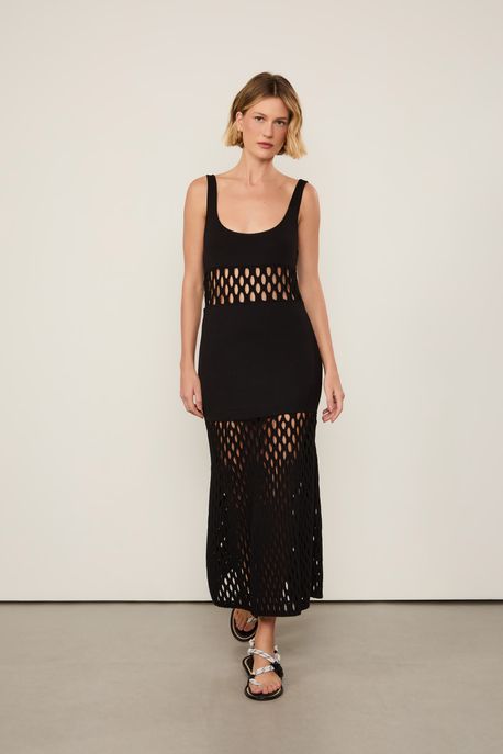 Vestido De Tricot Preto Com Ponto Rede Preto - P