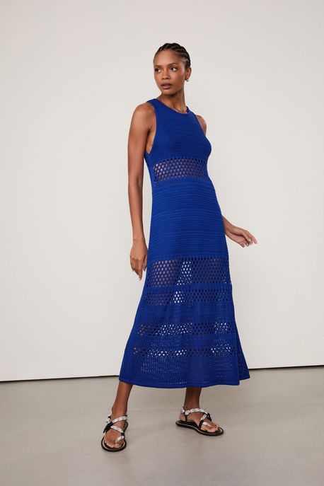 Vestido De Tricot Longo Azul Mix Ponto Rede Azul Cannes - G