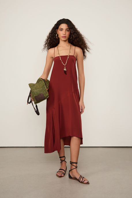 Vestido De Seda Midi Marrom Decote Reto Marrom Raiz - 34