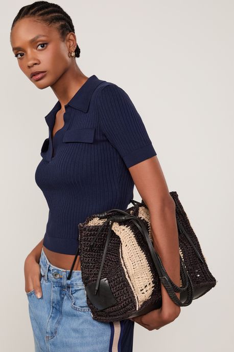 Bolsa De Rafia Crochet Listras Preto - U