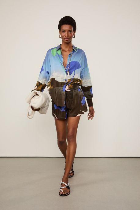 Short De Seda Cós De Elástico Estampado Est Loc Foto Paisagem Color - 38