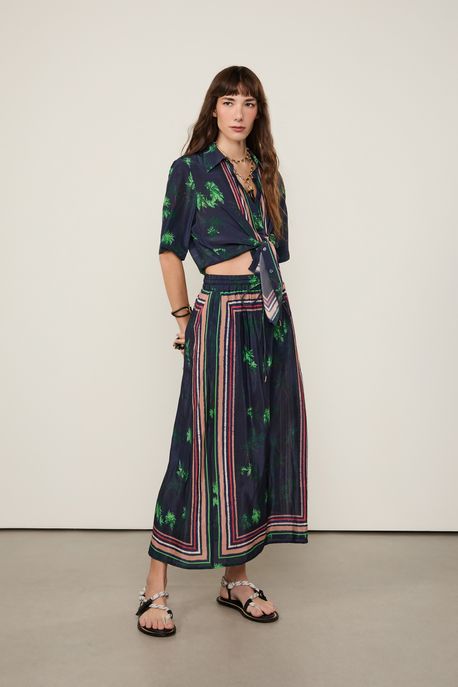 Saia Midi Com Cós De Elástico Estampada Est Lenco Fig Coqueiros Ancora - 44