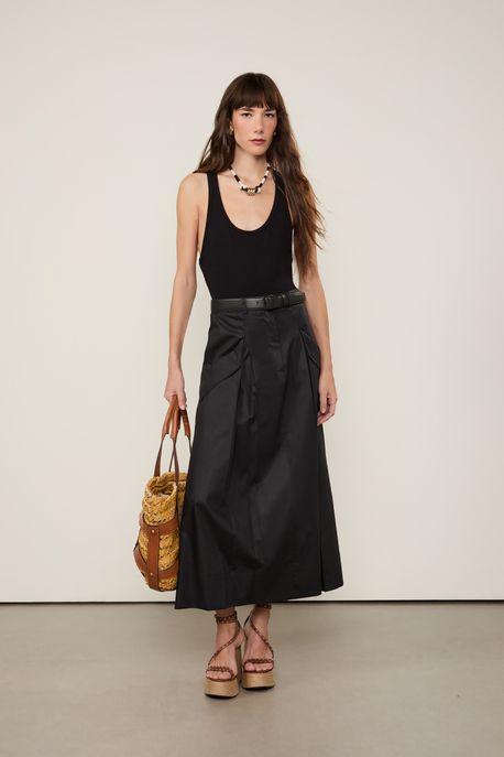 Saia De Algodão Midi Preta Com Bolsos Preto - 36