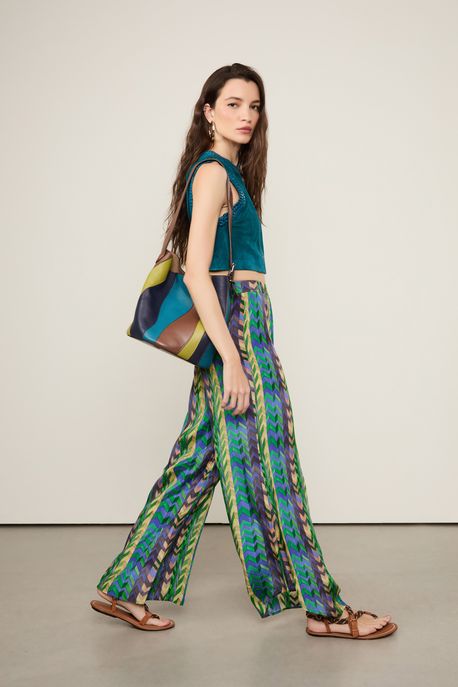 Calça Pantalona Com Cós De Elástico Estampada Est Chevron Colagem Cannes e Proa - 40