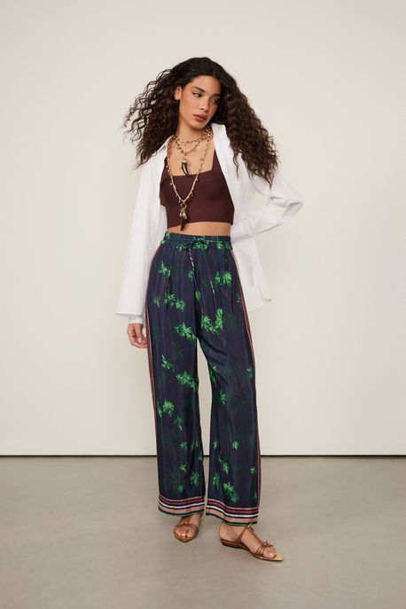 Calça Pantalona Com Cós De Elástico Estampada Est Lenco Fig Coqueiros Ancora - 36