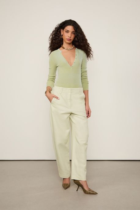 Calça Com Linho Reta Bolso Faca Verde Verde Brisa - 38