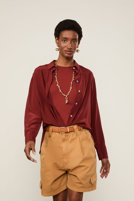 Camisa De Seda Básica Marrom Manga Longa Marrom Raiz - 42