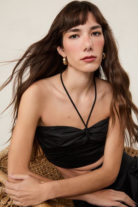 Top De Algodão Franzido Detalhe Cut Preto Preto - 42