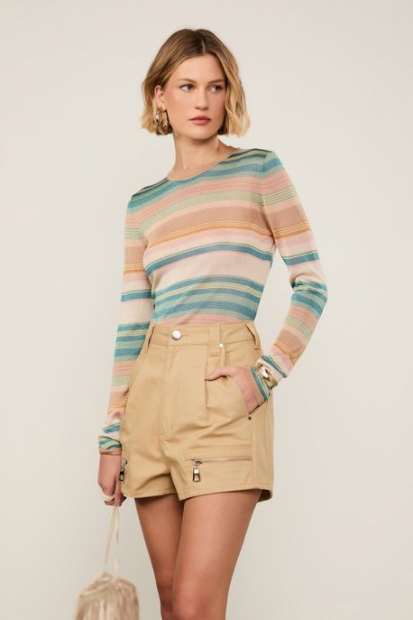 Blusa De Tricot Manga Longa Listras Multicoloridas Com Lurex Listrado Verde/ Azul/ Laranja/ Amarelo - GG