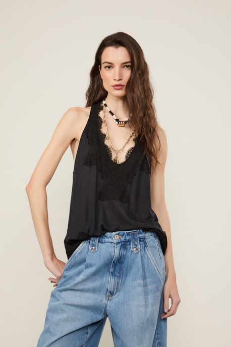 Regata De Malha Com Renda e Decote Nadador Preto - P