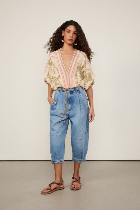 Body Com Manga e Decote v Estampado Est Lenco Acu Baia e Biscoito - 44