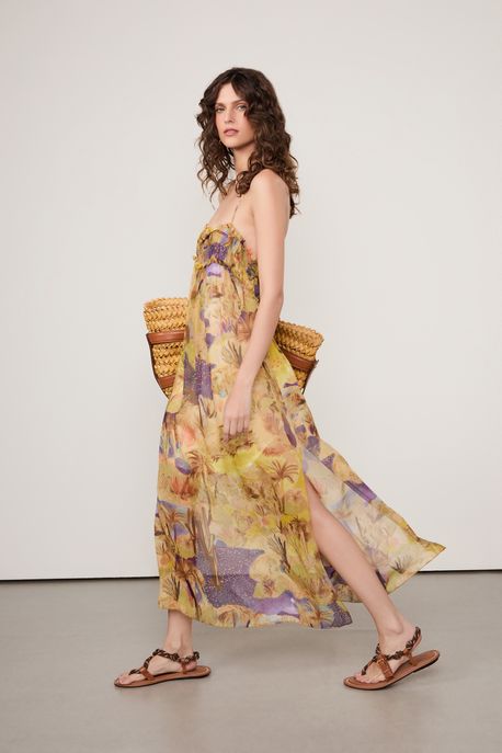 Vestido De Georgette Leve Longo De Alça Estampado Est Paisagem Oasis Color - 36