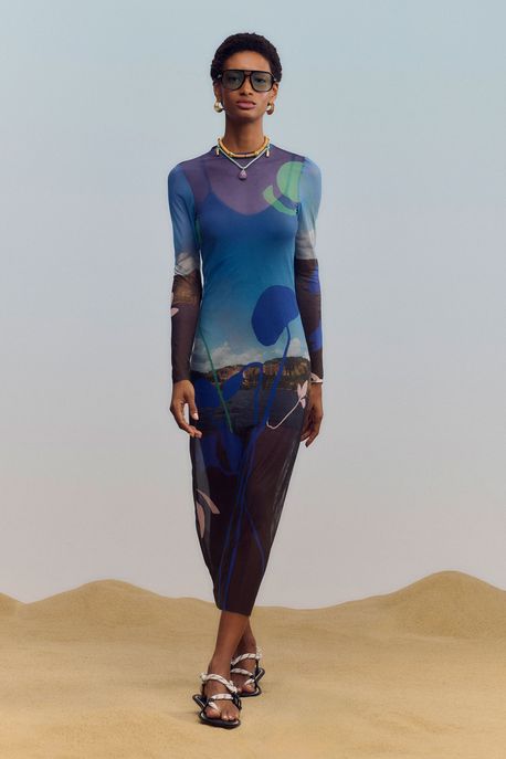 Vestido De Tule Midi Manga Longa Com Composição Estampado Paisagem Est Loc Foto Paisagem Color - P