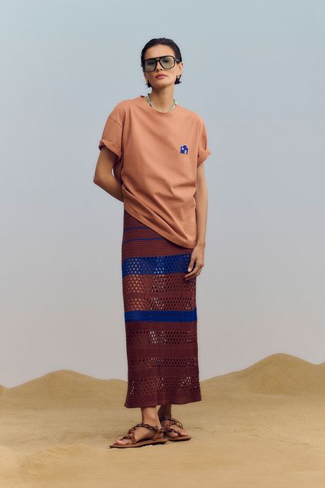 Saia De Tricot Longa Bicolor Com Mix Pontos Marrom Pimenta / Azul Cannes - P