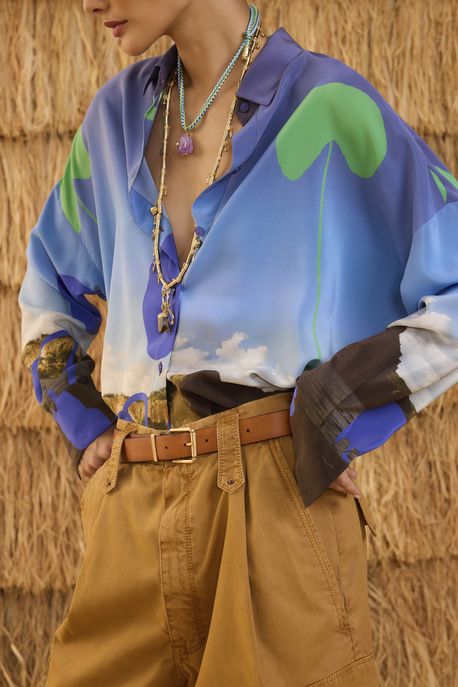 Camisa De Seda Ampla Estampada Manga Longa Est Loc Foto Paisagem Color - 42