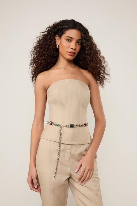 Top De Linho Com Algodao Justo Khaki Bege Khaki - 34