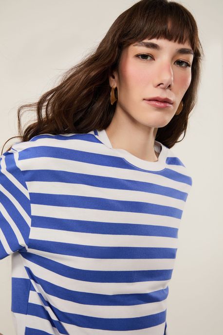 T-Shirt Listras Fio Tinto Azul Listrado Azul Cannes / Off White - M