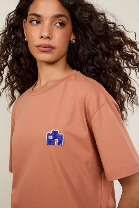 T-Shirt De Malha Bordada Com Miçangas Bronze Light - P
