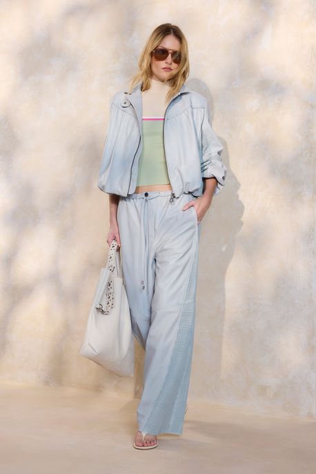 Calça De Couro Mix Textura Amarracao Azul Tourmalina - 34