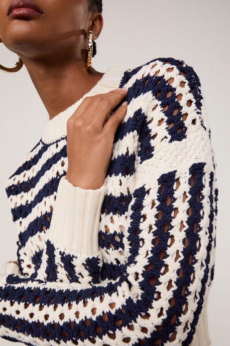 Blusão De Tricot Pull Listra Bicolor Off White / Preto - G