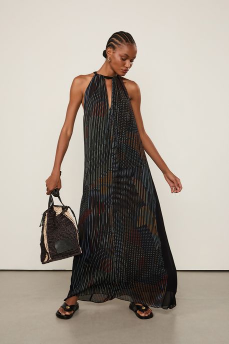 Vestido De Georgette Longo Estamado Est Listra Isla Color - 40