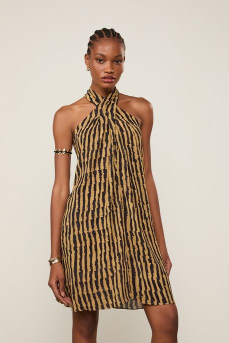 Vestido De Georgette Curto Com Gola Transpassada Estampado Est Listra Rafia Clarinho e Ancora - 36