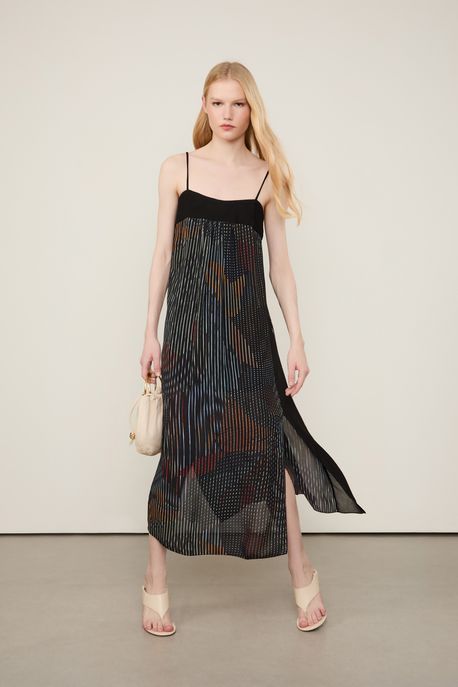 Vestido De Georgette Midi Decote Reto Estampado Est Listra Isla Color - 42