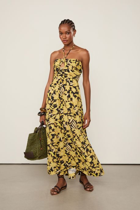 Vestido Midi Busto Franzido Estampado Est Flor De Maracuja Preto e Blaze - 42
