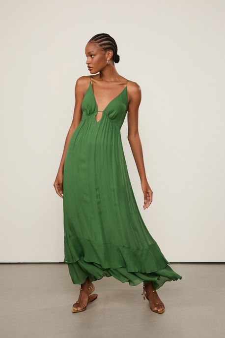 Vestido De Georgette Midi Com Babados Verde Verde Confrei - 44
