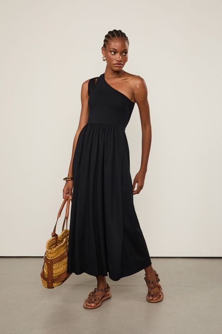 Vestido Midi Recorte No Ombro Preto Preto - GG