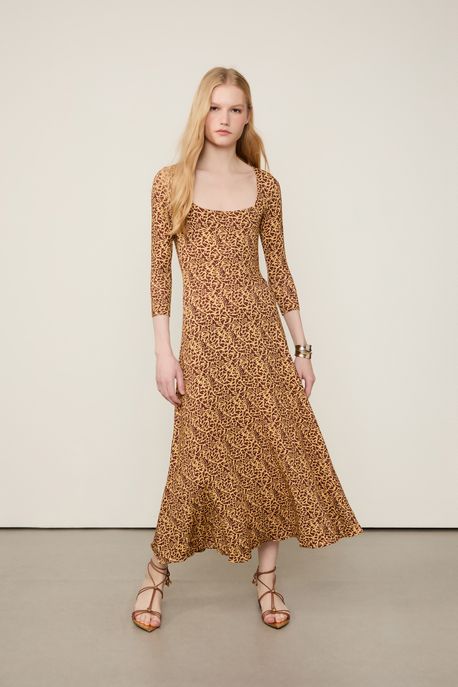 Vestido Midi Decote Bailarina Est Textura Tartaruga Tangerina Est Folhagem Nanquim Papiro - PP