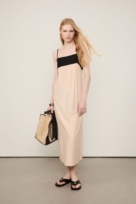 Vestido Midi Bicolor Decote Reto Preto / Bege - 36