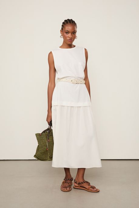 Vestido De Malha Regata Com Saia De Tricoline Off White Off White - G