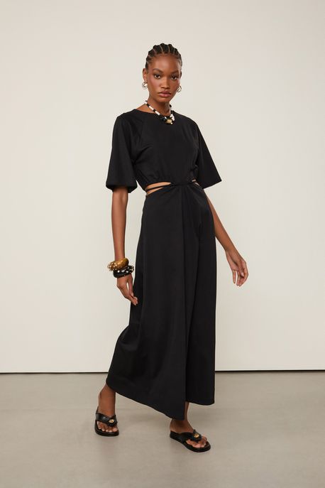 Vestido De Malha Com Cut e Bordado Preto Preto - G
