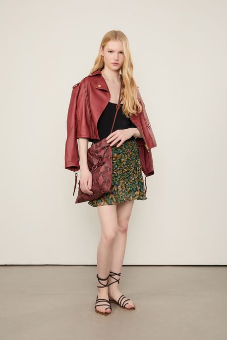 Short Saia De Georgette Com Camadas Estampado Est Textura Penas Preto - 34
