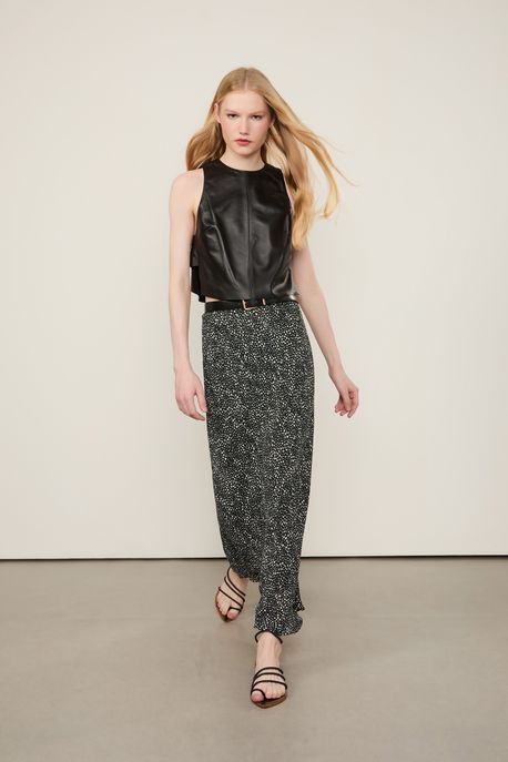 Saia De Georgette Midi Estampada Est Pois Lajedo Preto e Cru - 36