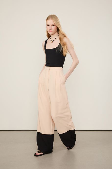 Calça Pantalona Cós De Elástico Bicolor Preto / Bege - 38
