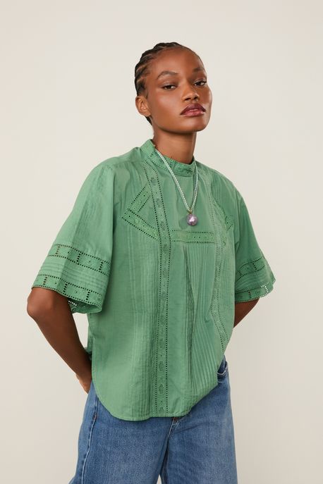 T-Shirt De Voil De Algodão Manga Curta Detalhe Rendas e Nervuras Verde Verde Confrei - 40