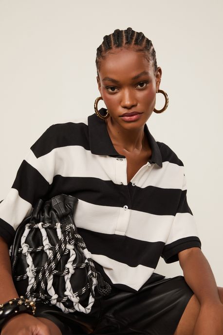 Blusa Polo Fio Tinto Oversize Preto / Branco - G