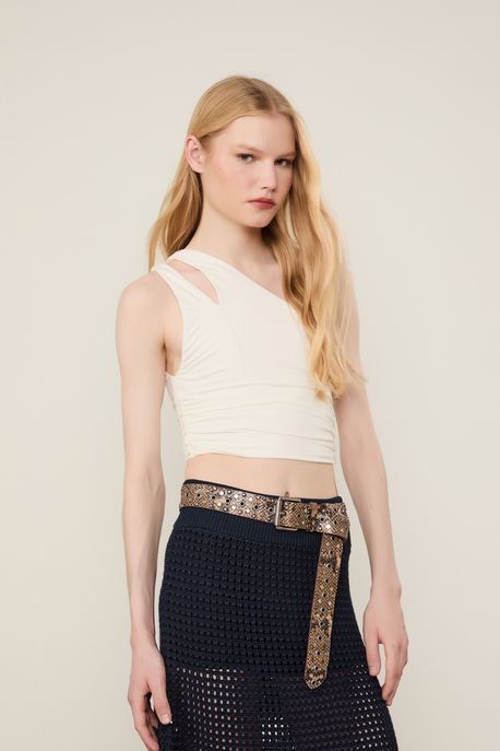 Top De Malha Cruzado Um Ombro So Off White - PP