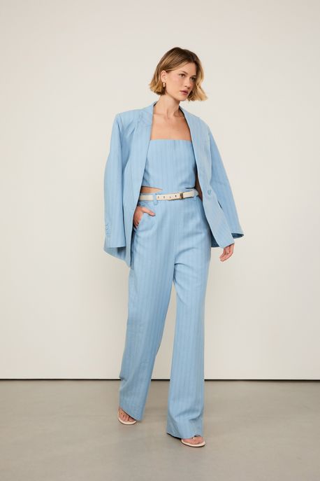 Macacão De Algodão Com Linho Decote Reto Sem Alça Com Cinto Risca De Giz Bicolor Azul Azul - 42