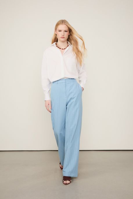 Calça De Algodão Com Linho De Alfaiataria Risca De Giz Bicolor Azul Azul - 36