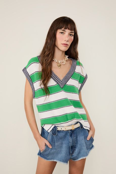 Colete De Tricot Decote v Listrado Verde Proa/ Off White/ Preto - M