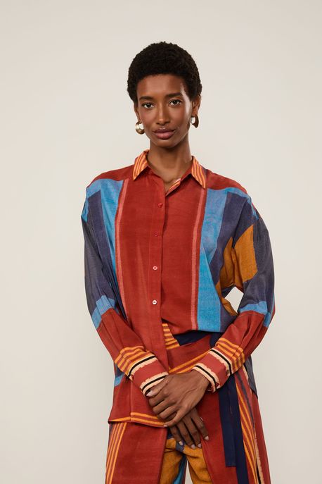 Camisa De Georgette Leve Manga Longa Estampada Est Lenco Quadri Nautico - 44