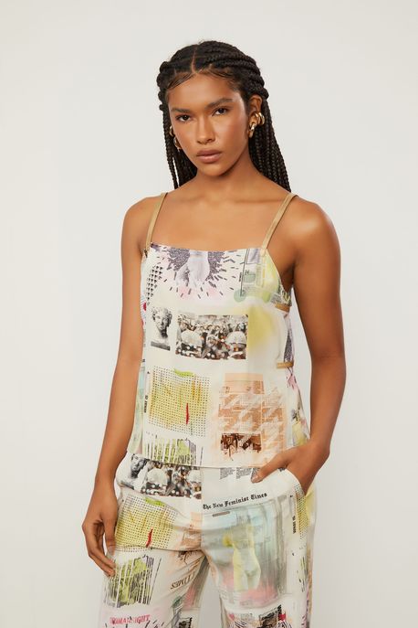 Top De Seda Com Alça e Detalhes De Couro Estampado Est Fig Journal Colorida Tofu - 44