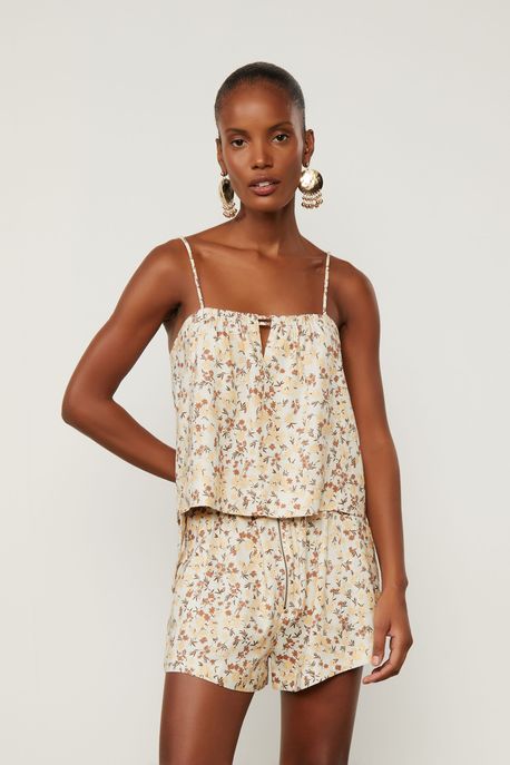 Regata De Alcinha Com Linho Estampada Est Floral Jardim Creme - 44