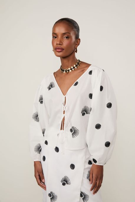 Blusa De Algodão Manga Longa Com Amarração e Bordados Off White Off White - P