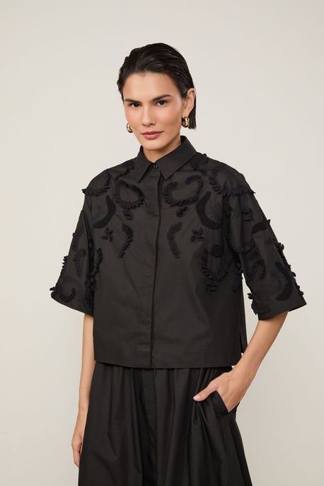 Camisa De Algodão Cropped Ampla Manga Curta Bordada Preto - P