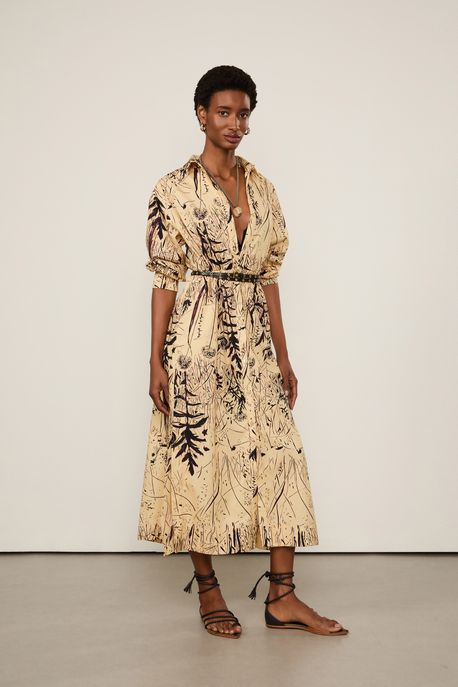 Chemise De Algodão Midi Estampado Est Folhagem Nanquim Papiro - 36